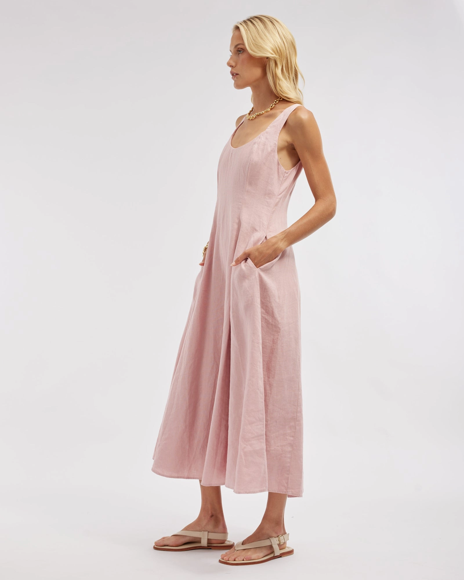 Anna Panelled Linen Midi Dress - Peony