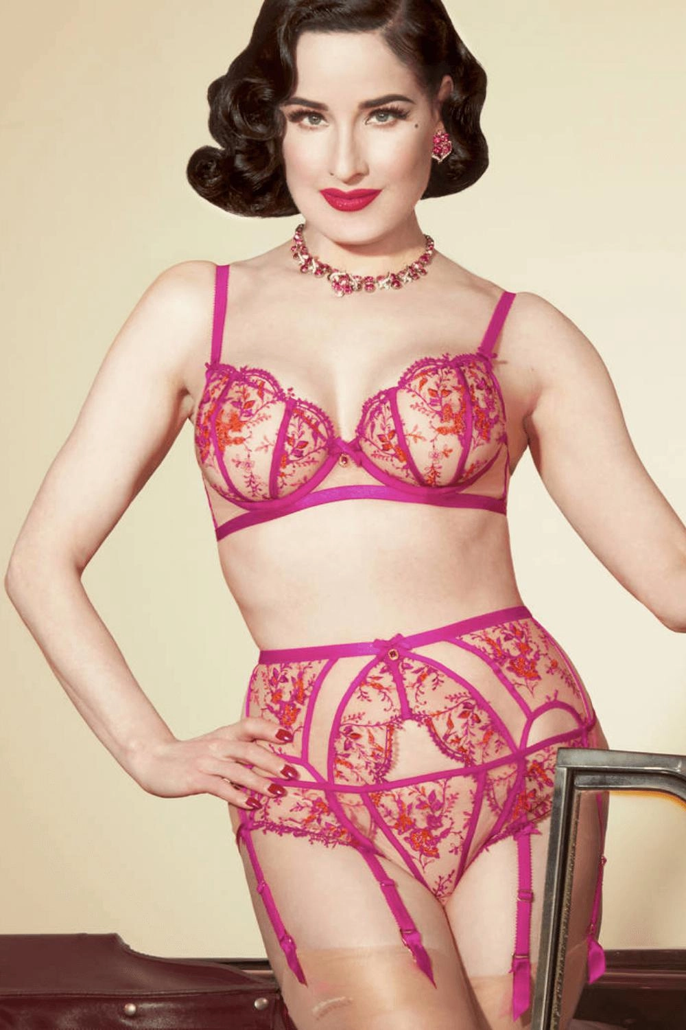 Dita Von Teese Femmoiselle Sheer Mesh Unlined Bra Pomegranate