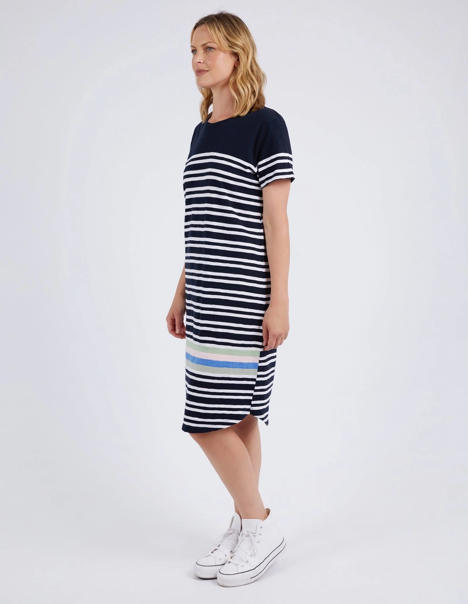 Elm Aligner Tee Dress Navy and White Stripe