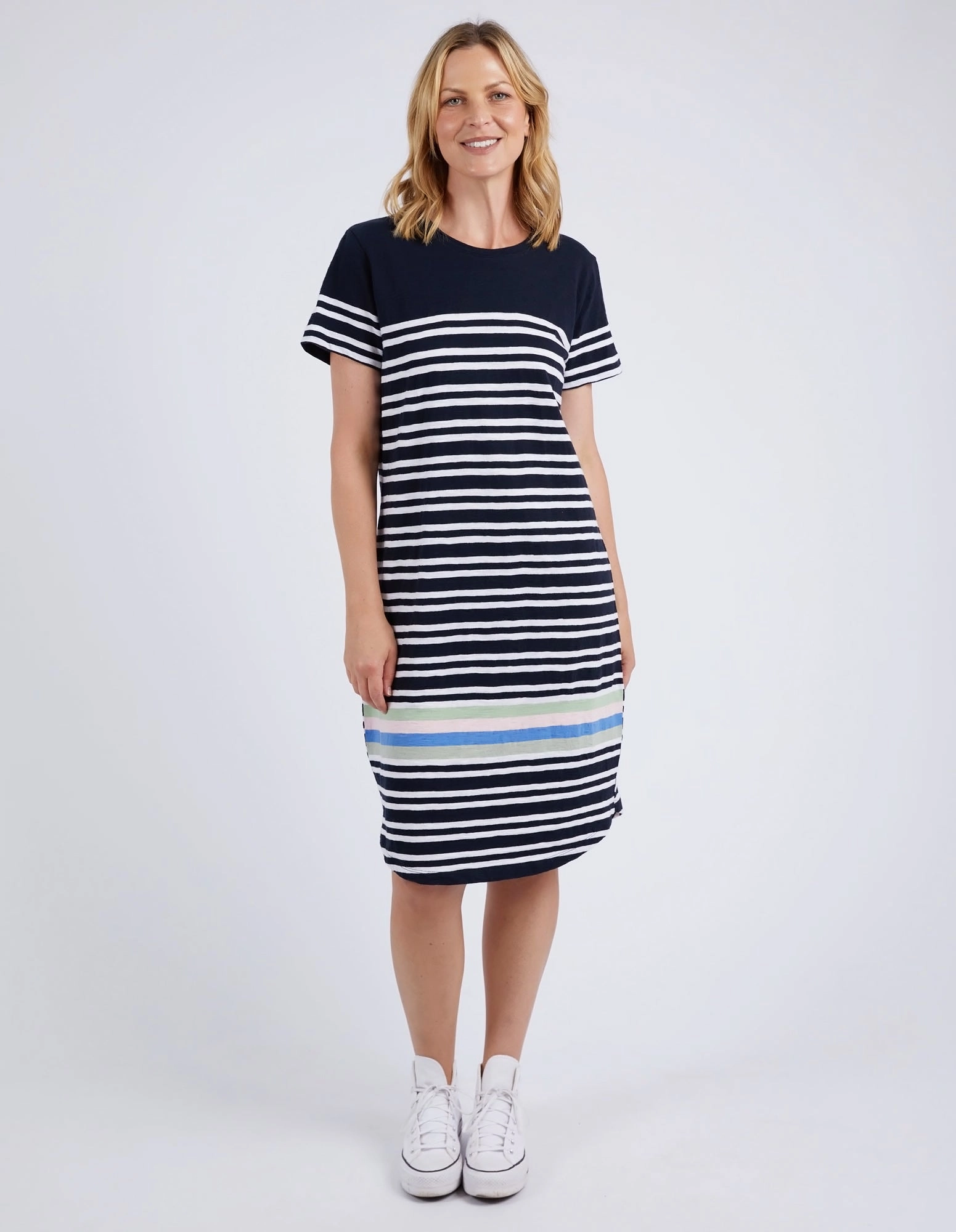 Elm Aligner Tee Dress Navy and White Stripe