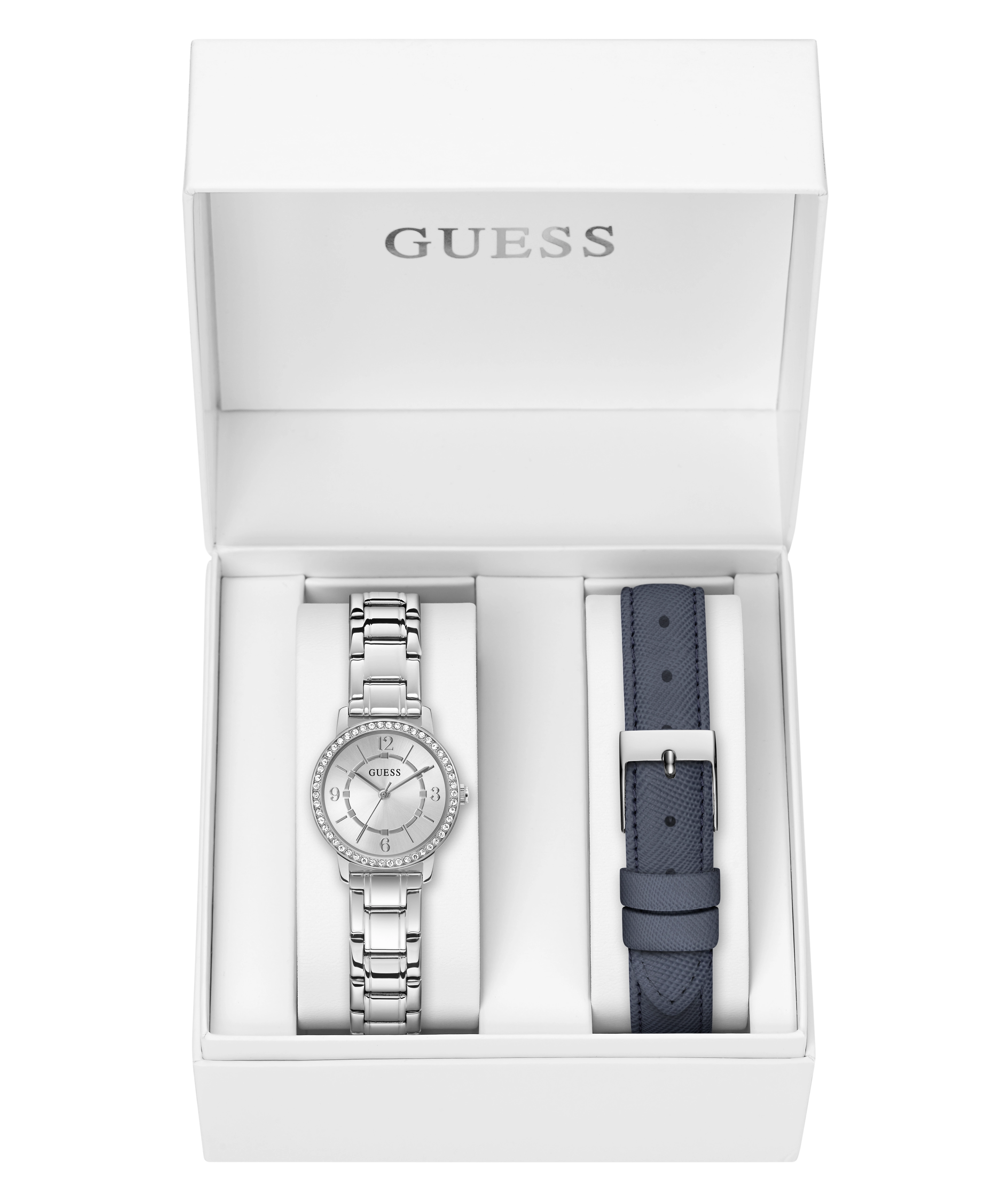 GUESS Ladies Silver Tone Analog Watch Box Set
