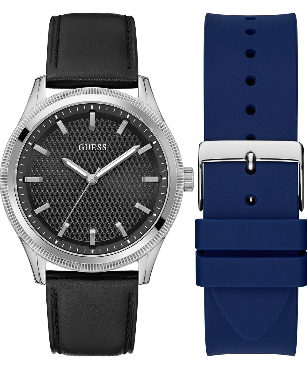 GUESS Mens Black Silver Tone Analog Watch Box Set