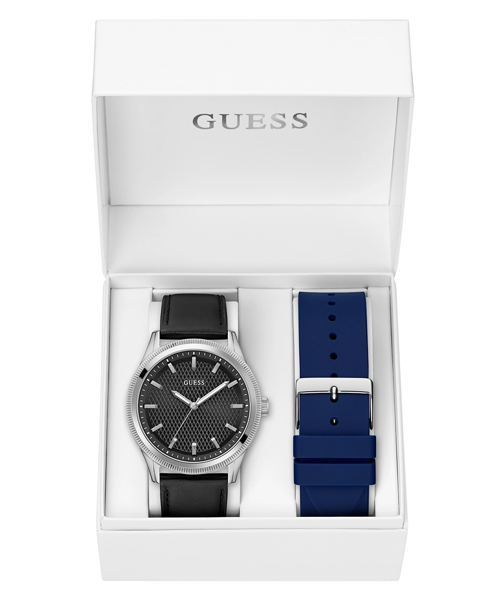 GUESS Mens Black Silver Tone Analog Watch Box Set