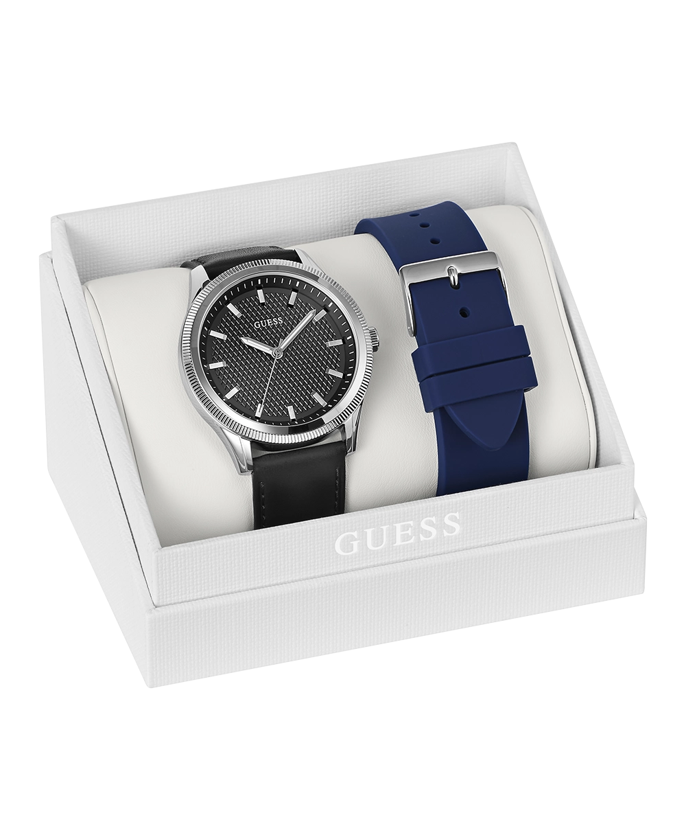 GUESS Mens Black Silver Tone Analog Watch Box Set