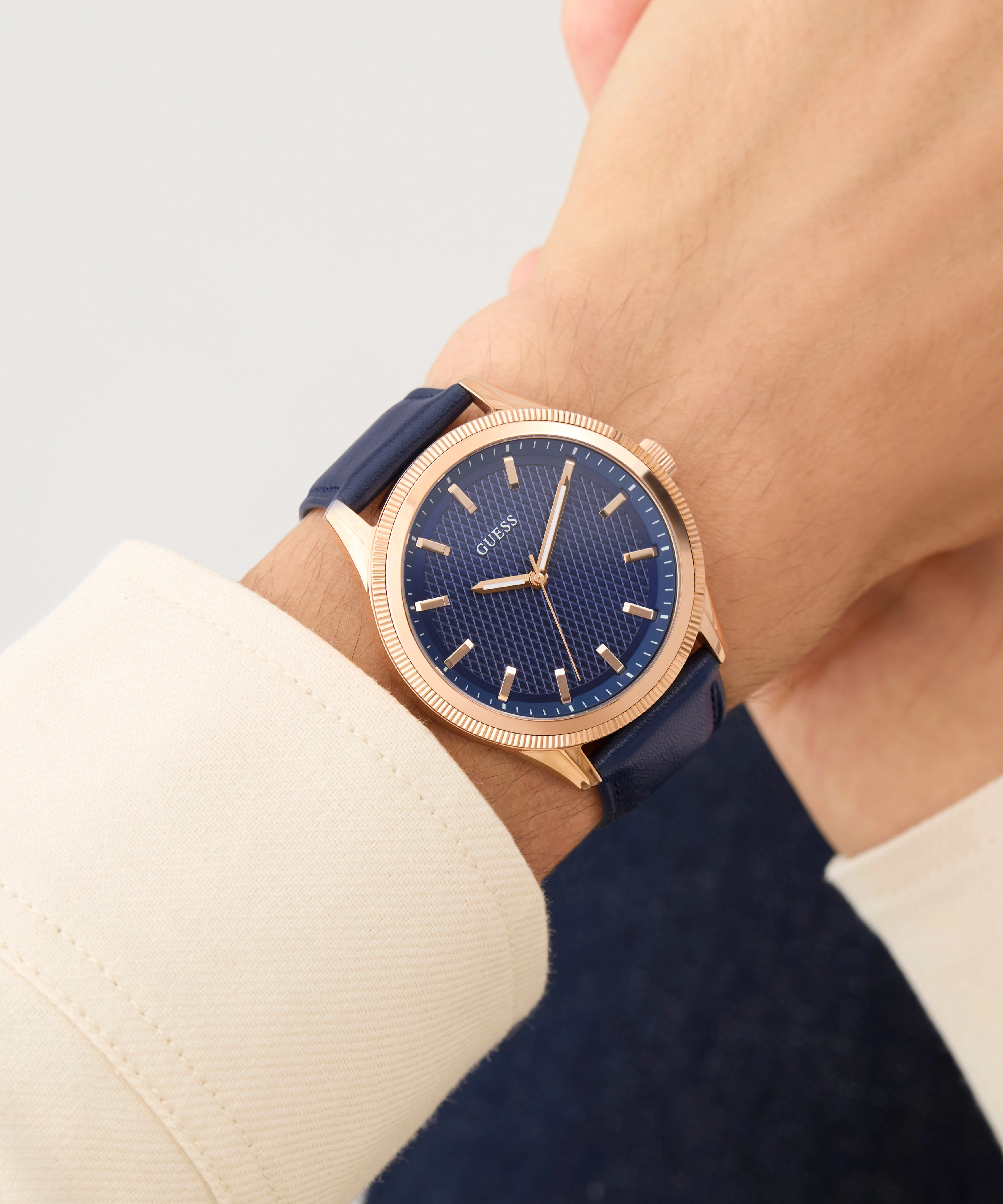 GUESS Mens Navy Rose Gold Tone Analog Watch