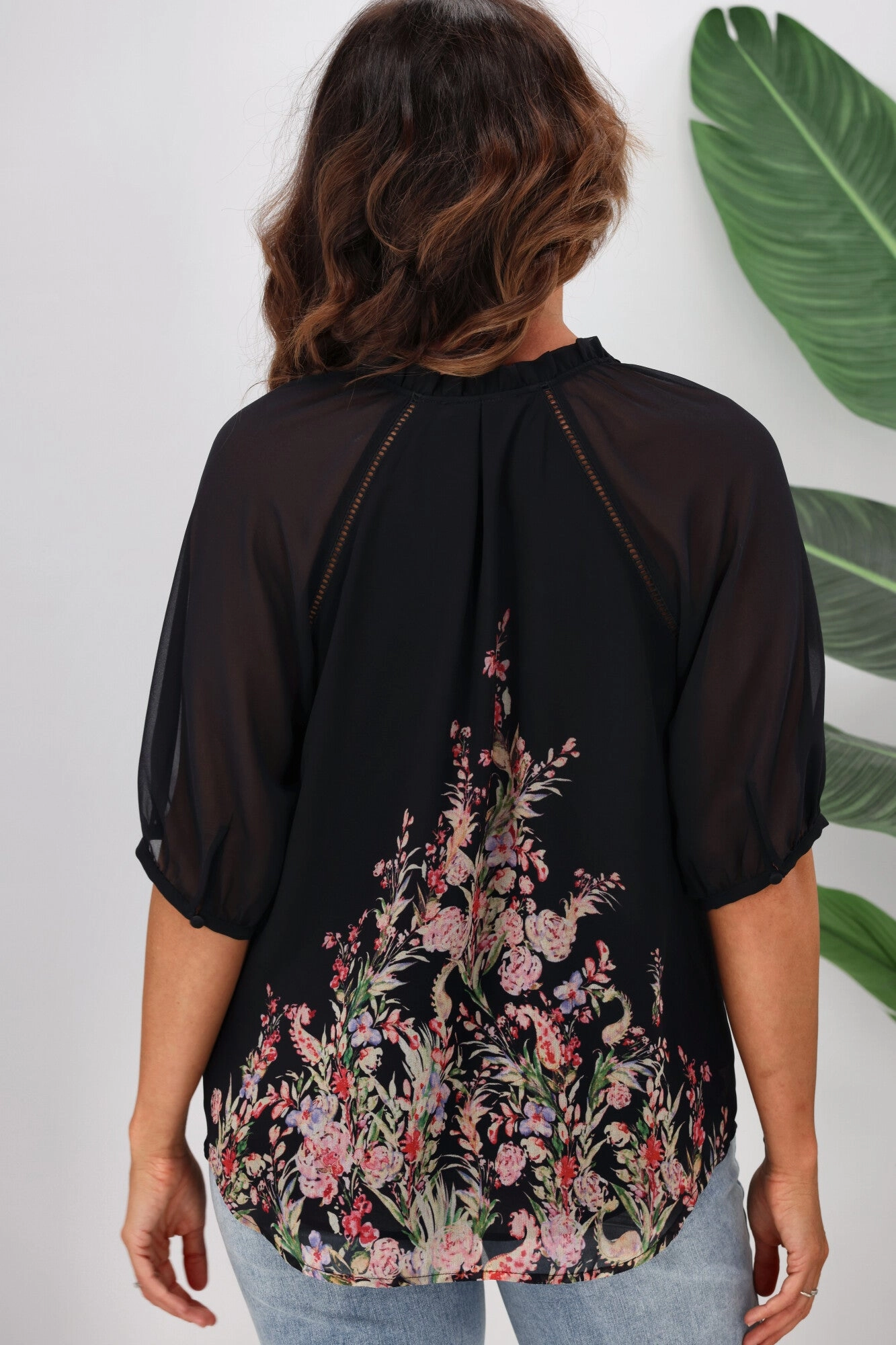 Jane James Stacey Ladder Lace Detail Blouse Midnight Border Print