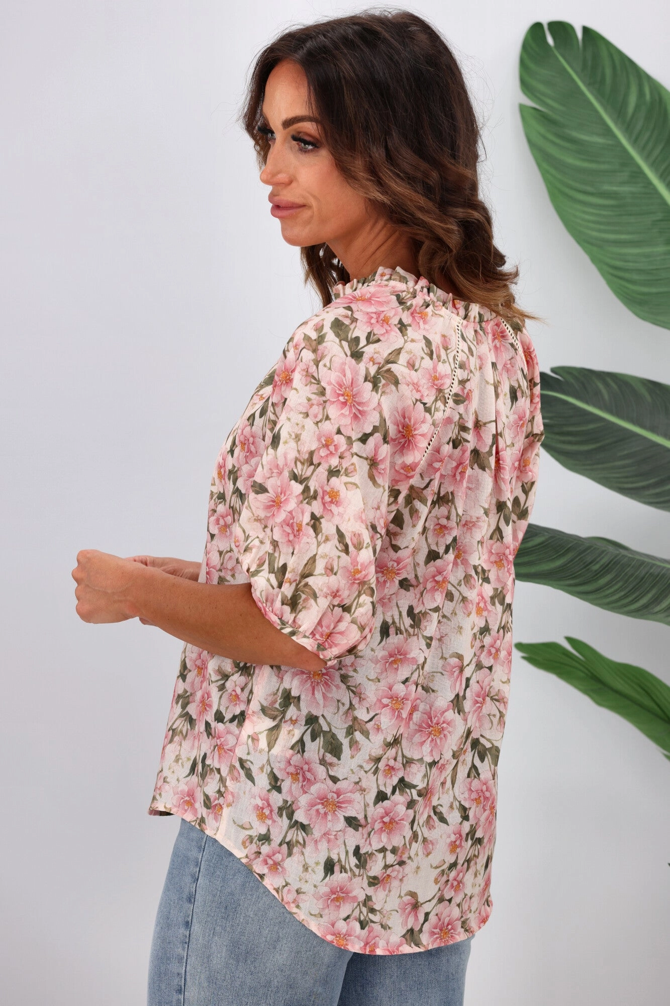 Jane James Stacey Ladder Lace Detail Blouse Pink Floral Print