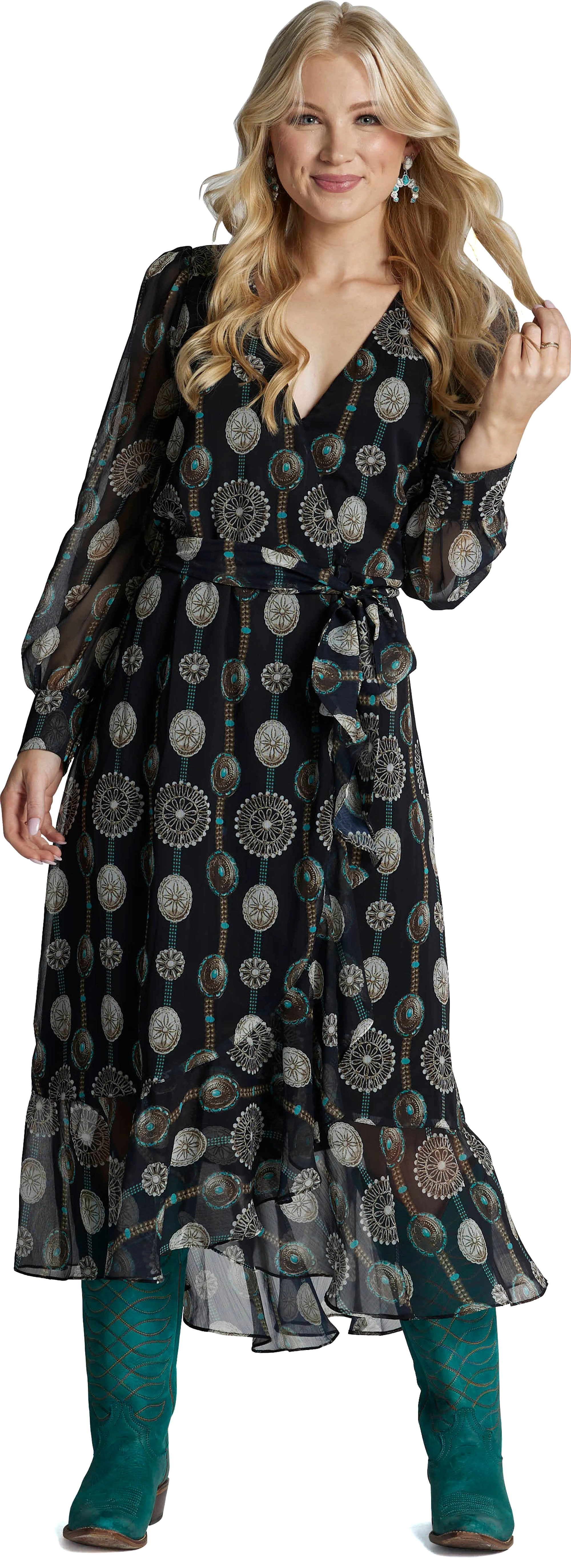 Justin Brands - Nicole Wrap Maxi Dress Black with Concho Design J-2295