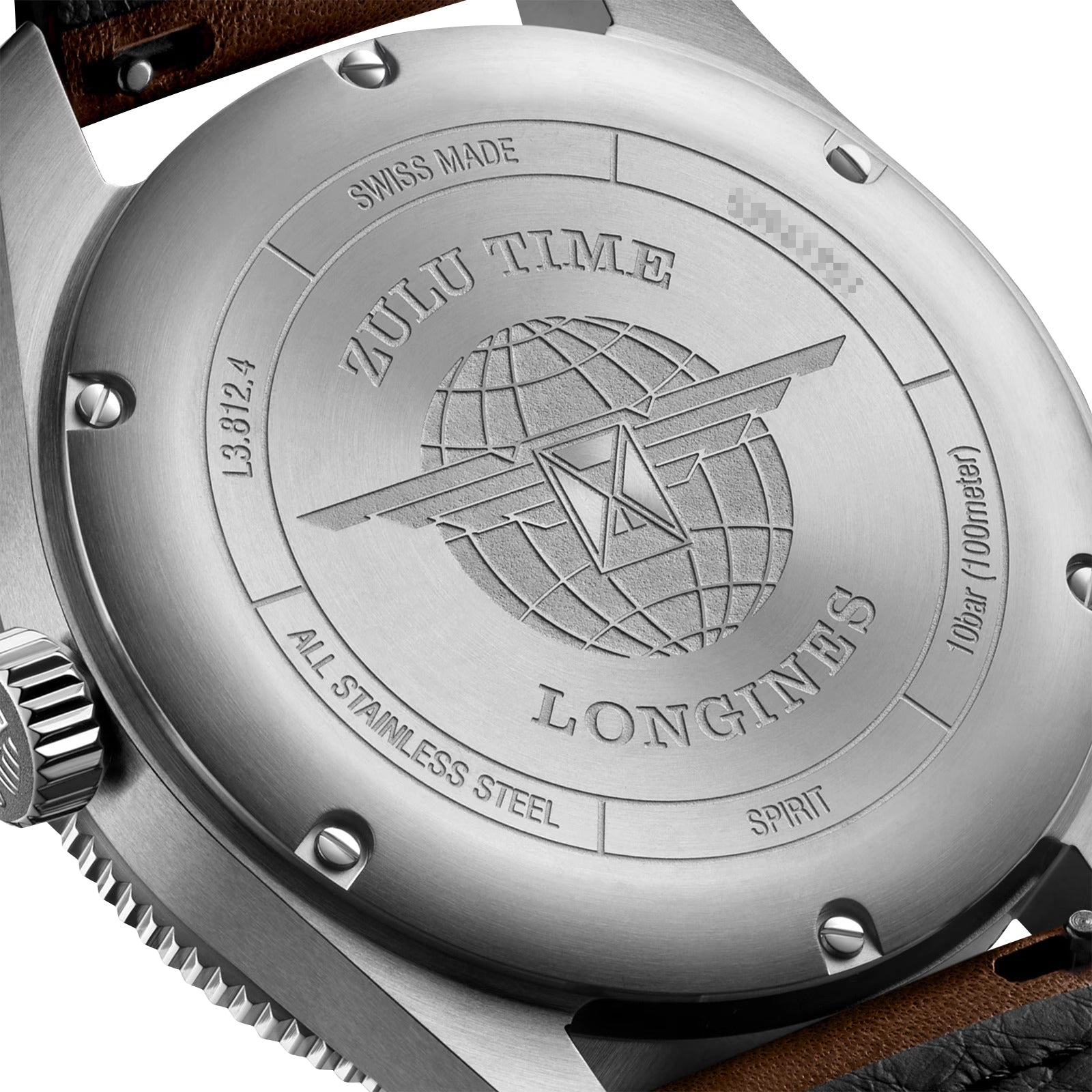 Longines Spirit Zulu Time Automatic GMT Chronometer Stainless Steel Black Dial Brown Leather Strap Date Mens Watch L3.812.4.53.2