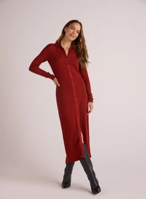 Rib Button Down Shirt Dress - Rustic Red