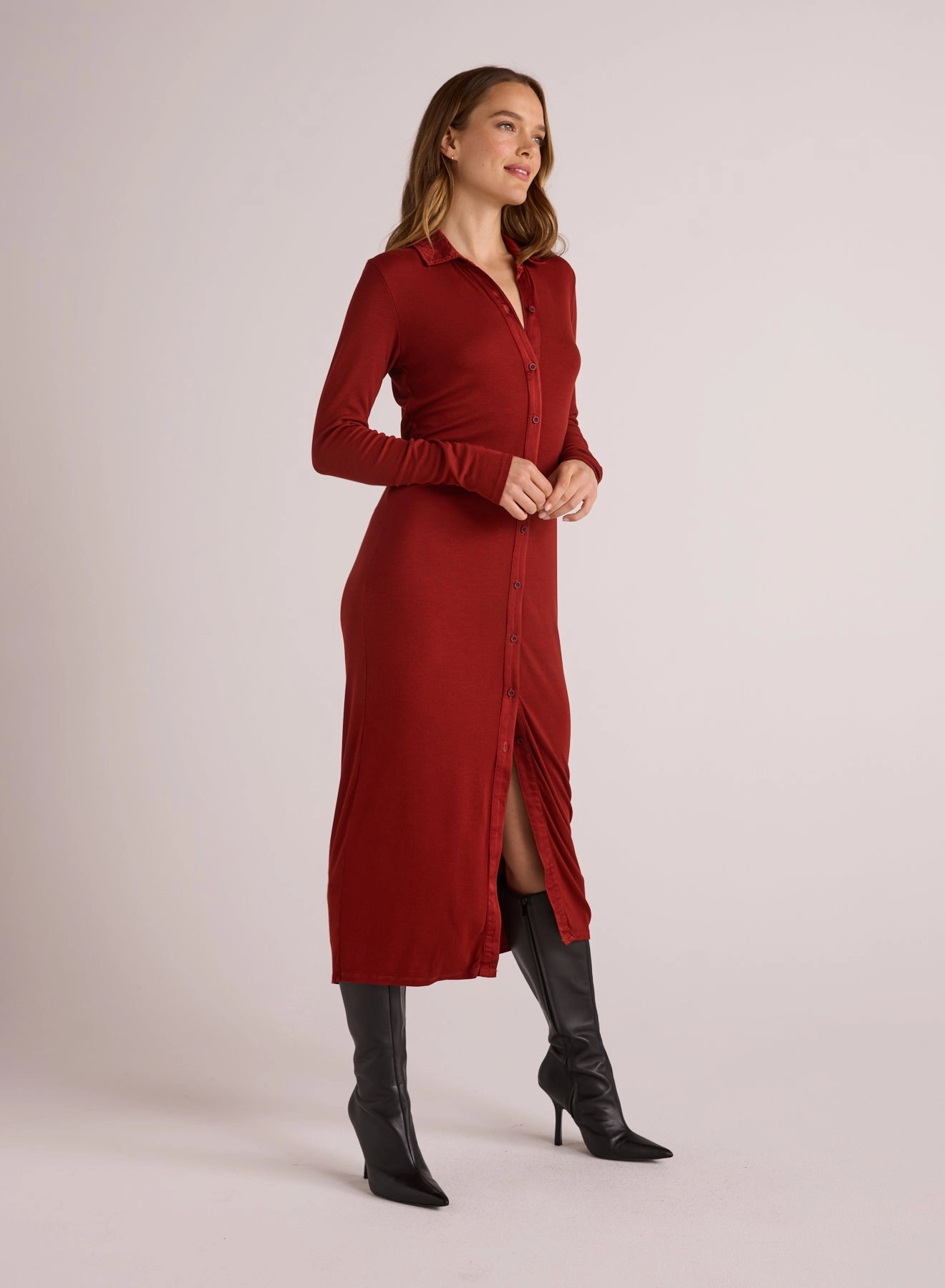 Rib Button Down Shirt Dress - Rustic Red