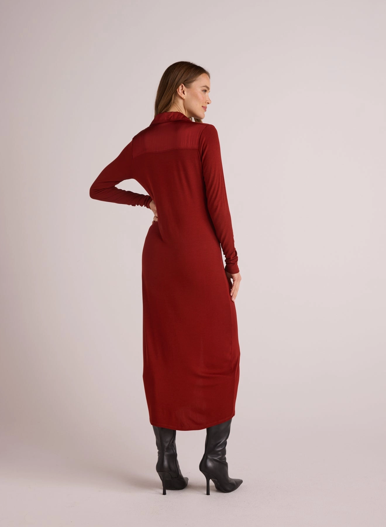 Rib Button Down Shirt Dress - Rustic Red