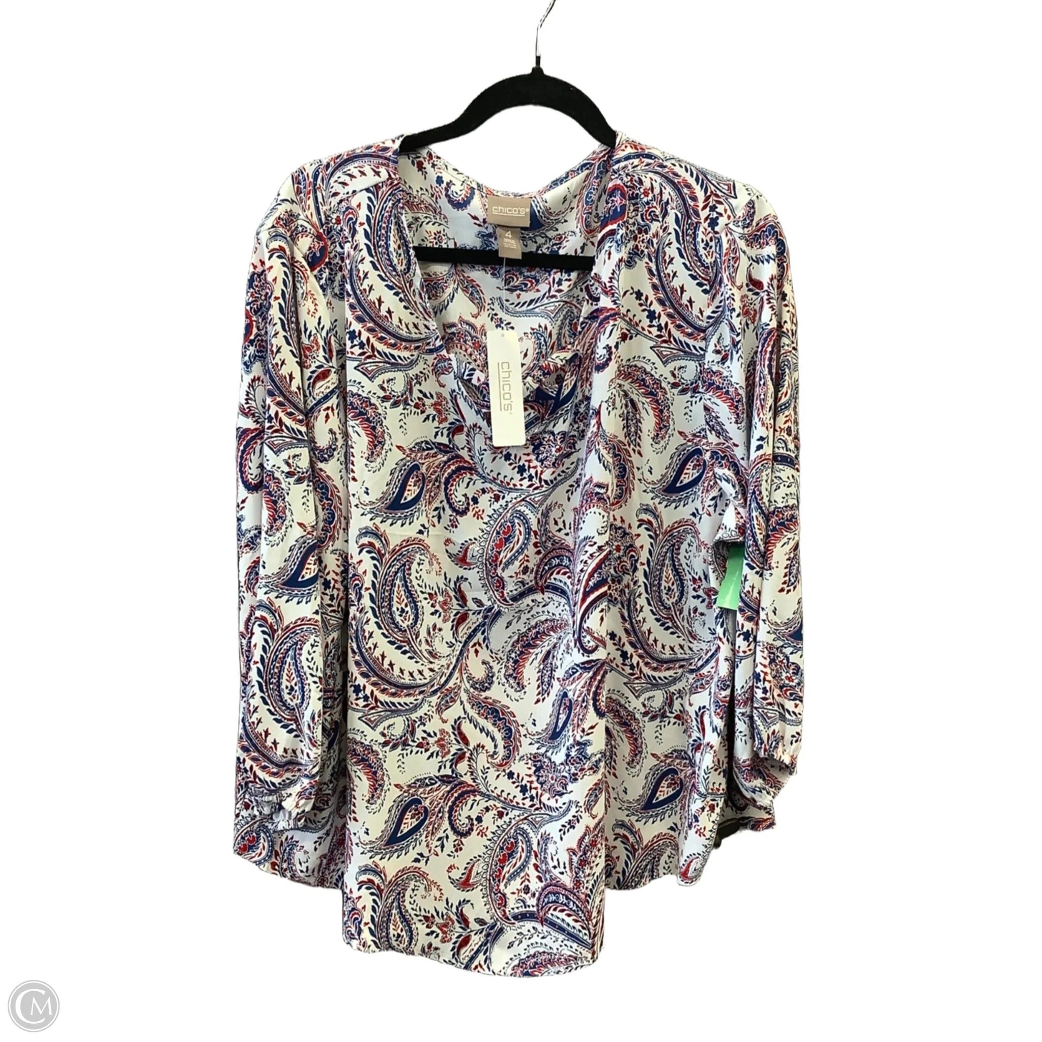 Top Long Sleeve By Chicos In Blue & Red & White, Size: Xxl